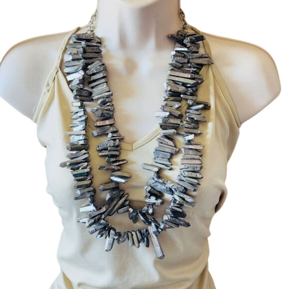 Sassy Jones SJ Necklace Silver Metallic point Quartz Beads Statement Runway 28"